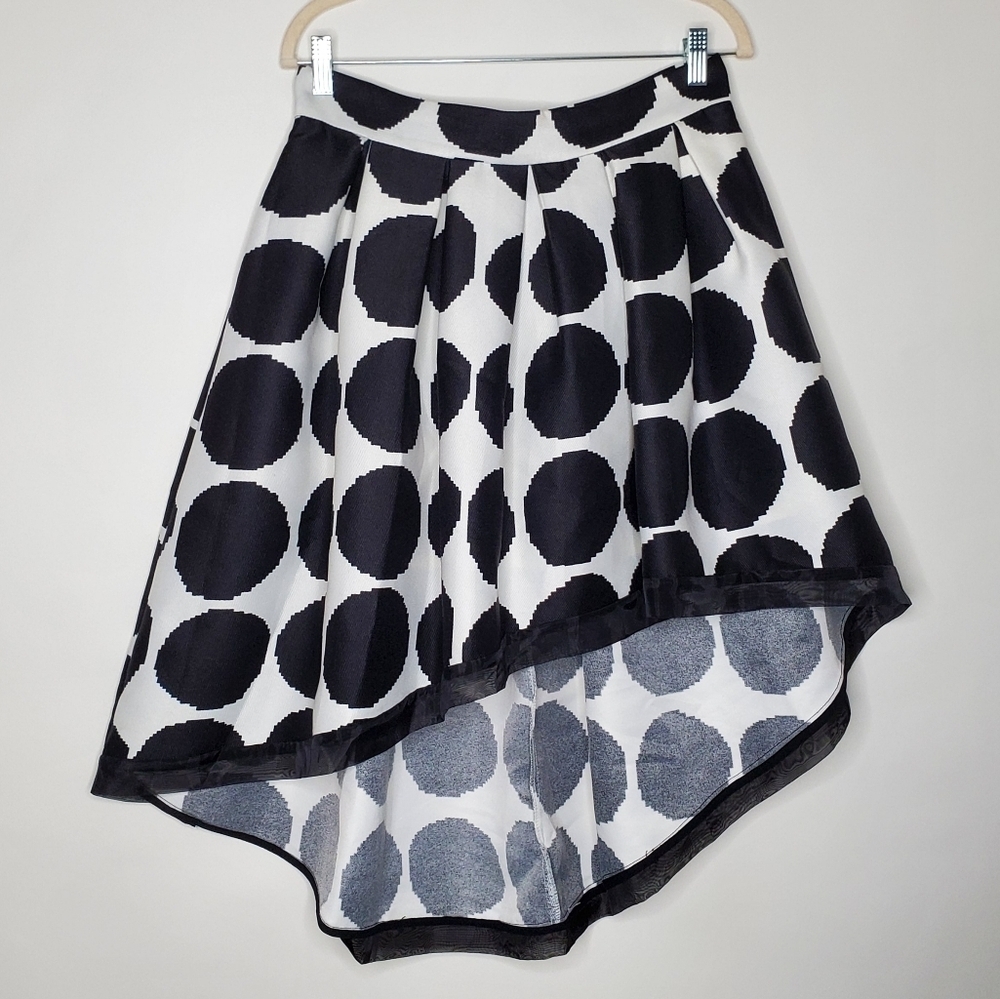 Gracia Polka Dot Skirt Size Large Asymmetric Hem Sheer Black Trim Lined Party